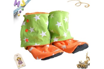 Fleece Stay on Booties in Lime Green and Orange Stars